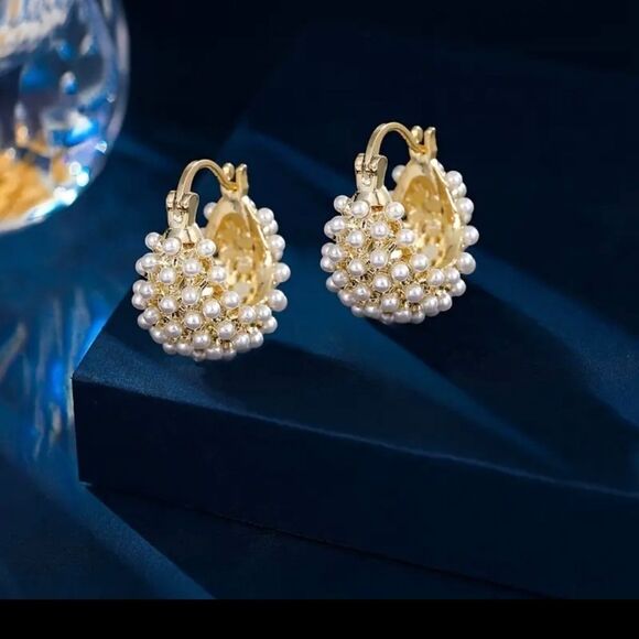 Faux Pearl Gold Huggie Hoop Earrings - Picture 1 of 6